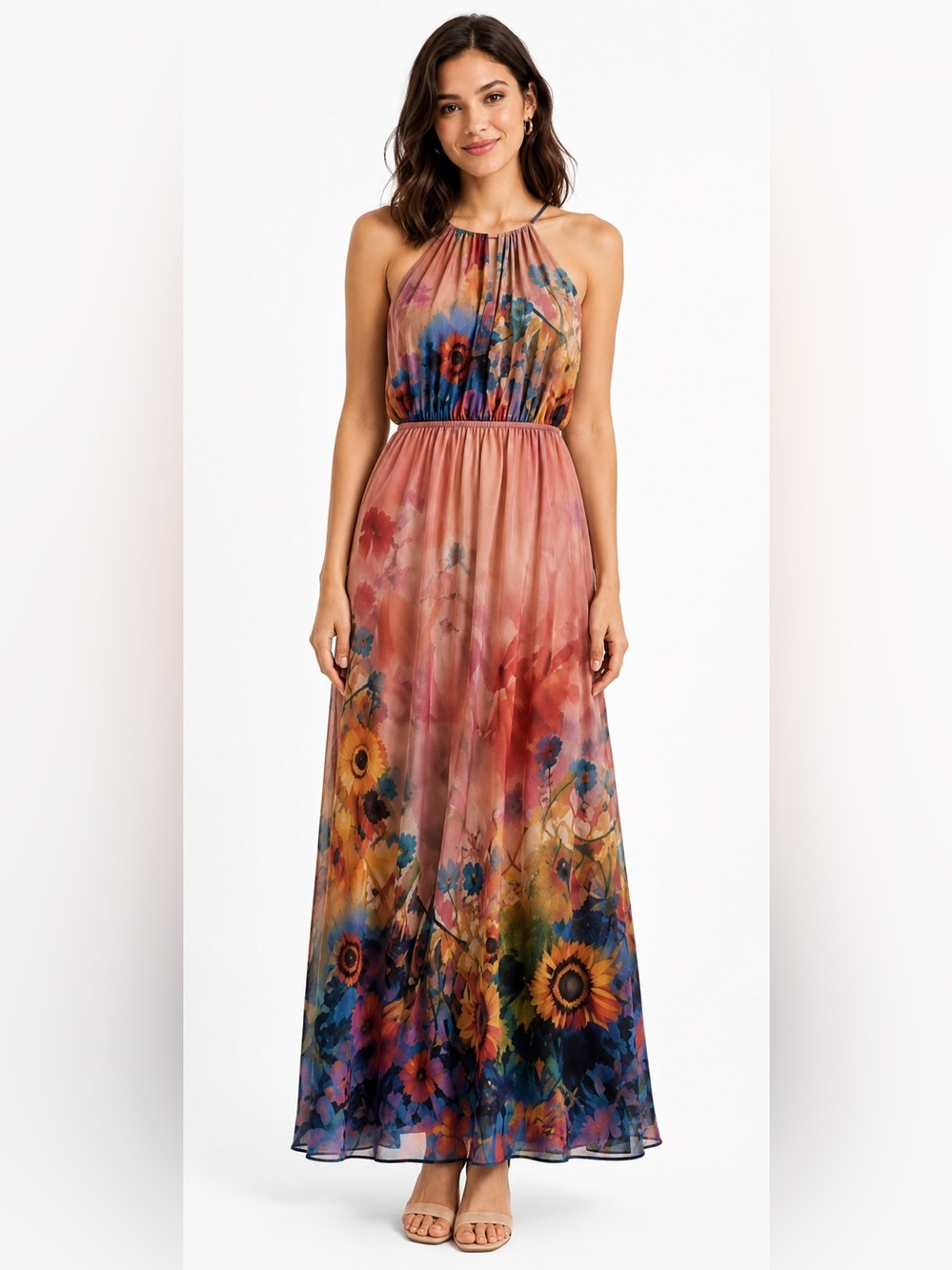 Anthropologie Brand Label Sunset Garden Watercolor Floral Maxi Dress XS Boho